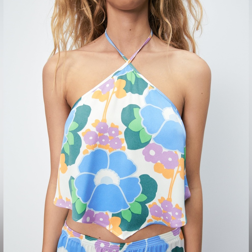Zara Floral Halter Tank Top in Blue, Green, Purple, Yellow, White